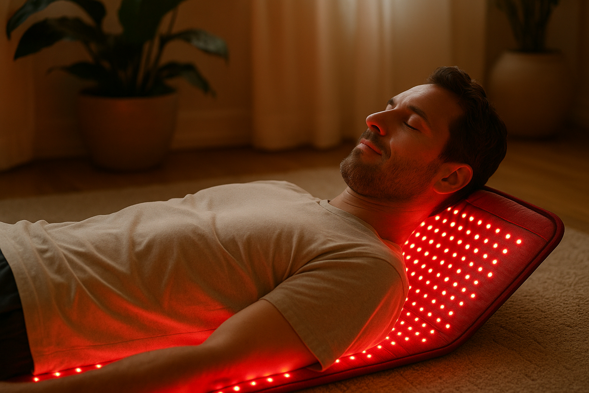 Pokaż mężczyznę korzystającego z maty czerwonej terpi