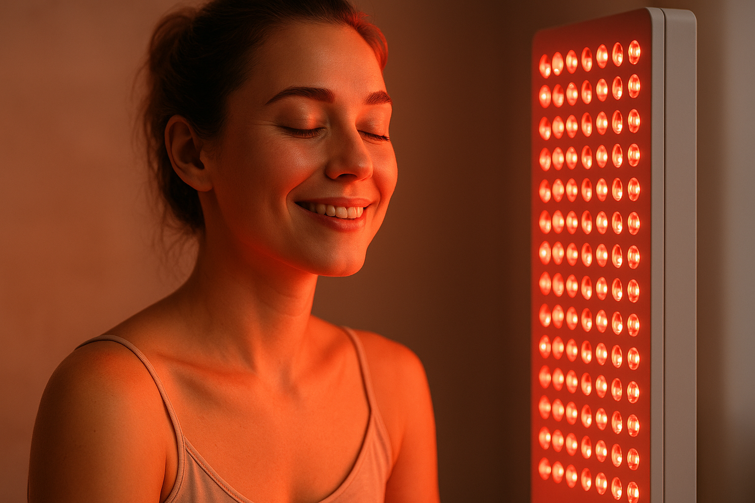 Stwórz baner w wymiarach 1080x1080 niech baner pokazuje produkt czerwonaterapia.pl niech nie posiada żadnych napisów. Głównym elementem niech będzie osoba pokazująca pozytywne emocje z korzystania z urządzenia