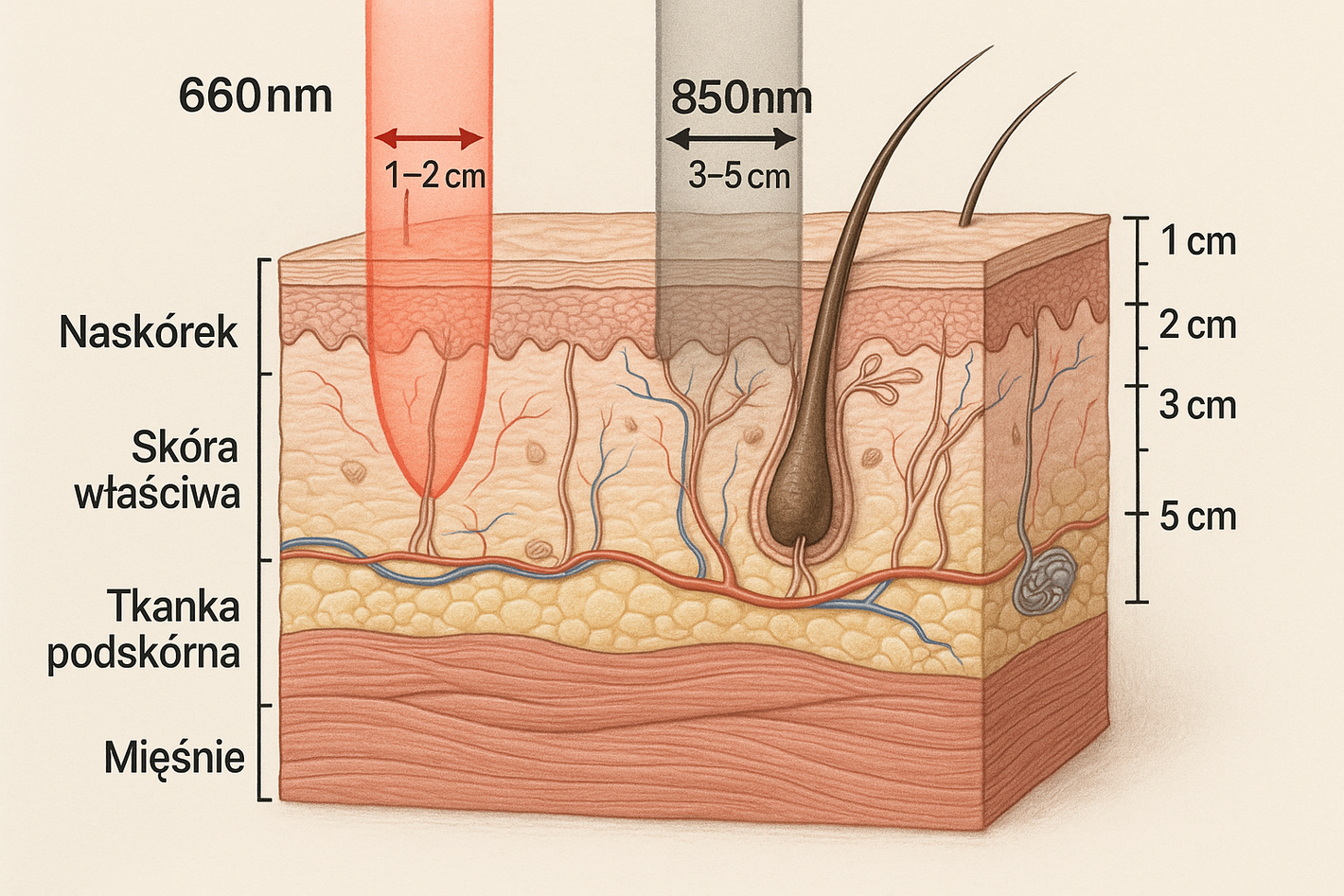 Stwórz obraz pokazujący na które partie skóry działa fala dualna fala 660nm a na które 850nm użyj tylko napisów w języku polskim i jednostkach w cm