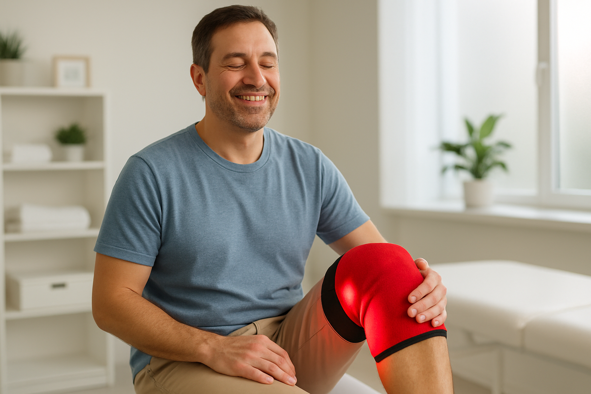 Stwórz obraz zadowolnoego mężczyny korzystającego z nakolannika czerwonej terapii